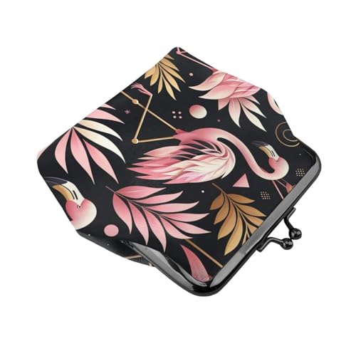 Pu Leather Buckle Coin Purse Black-Leaf-Flamingos Girls Kiss-Lock Change Purse Wallets3