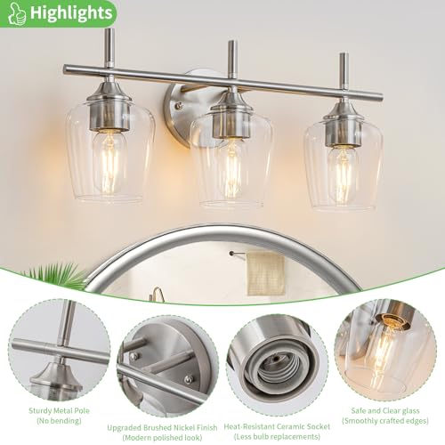 Image of foucasal Bathroom Lights 3 Light, Modern Bathroom Vanity Light Fixtures Over Mirror with Clear Glass Shade, Wall Sconce Lamp for Bedroom Hallway Living Room Kitchen, Nickel Brushed Finish