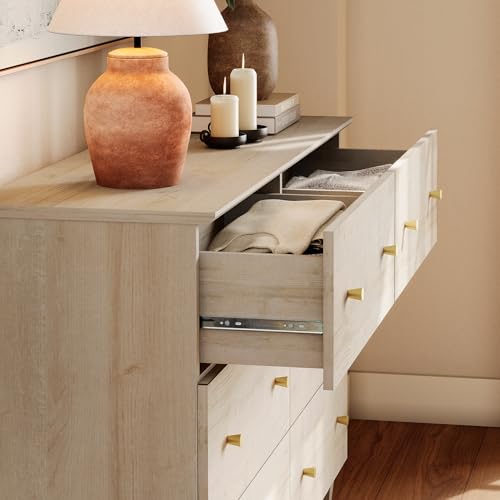 Image of WAMPAT 12 Drawer Dresser for Bedroom, Modern Chest of Drawers with Gold Knobs, 94.4 Inch Wide Storage Organizer for Kids Room, Living Room, Nursery, Light Oak Wood Finish