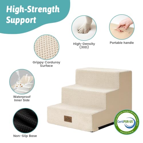 Image of COZY KISS Dog Stairs for Small Dogs, 3 Tier Pet Stairs for Couch, 13.5 inch H Non-Slip Dog Steps for Old Cats, Puppy, Small Dogs, 15.7x17.7x13.5 inch, Beige