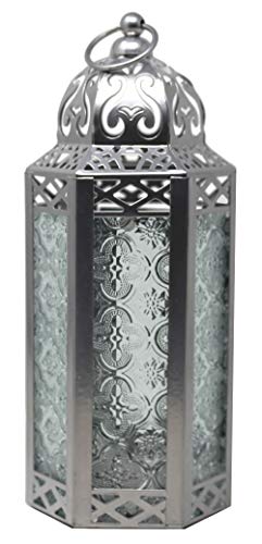 VELA LANTERNS 10.5" Moroccan Candle Lantern Decorative Candle Holder Lamp for Table or Hanging, Ramadan Decorations, Indoor Home Decor, Outdoor Patio or Porch, Silver Metal, Clear Glass, Medium