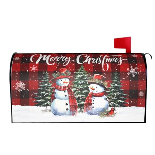 Image of Merry Christmas Buffalo Plaid Snowman Mailbox Cover - Magnetic, Standard Size 25.5 x 21 Inches, Holiday Decorative Wrap for Home Outdoor Garden