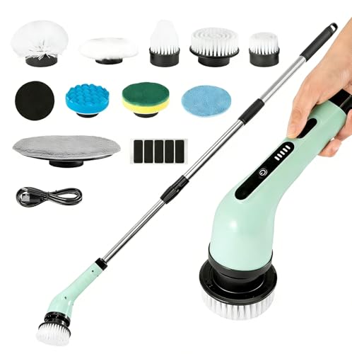 Cordless Electric Spin Scrubber - Versatile Bathroom Cleaning Brush with 9 Attachments & Toiletry Tool, 2-Speed Sonic Scrubber for Tiles, Showers & Floors (Rechargeable, Green, L)