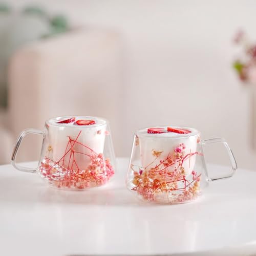 Image of Nestasia Double Wall Glass Mug with Dried Flowers Set of 2 (180ml Each) - Transparent Borosilicate Floral Glass Tea Cups | Lightweight & Durable Coffee Mugs - Perfect for Gifting (Pink)