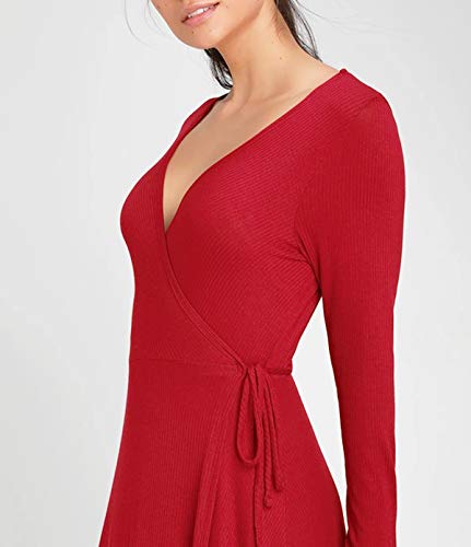 R.Vivimos Women Spring Autumn Long Sleeve Sweater Knitted Slim Elastic V Neck Sexy Midi Wrap Dresses (Small, Deep Red)