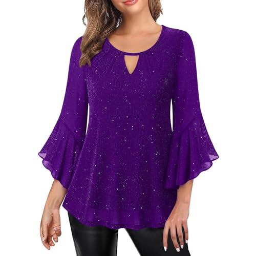 Túnica festiva con lentejuelas para mujer - manga 3/4, cuello en V, blusa elegante y fluida, versátil para reuniones de negocios, fiestas y eventos festivos, XXL