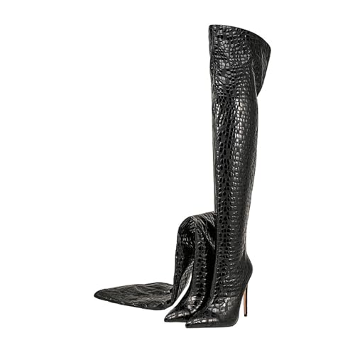 Image of Thigh high boots for women striped Back zipper Burgundy Zebra Print Over the knee Sexy gold white pointed toe Cow Print leopard Magenta stiletto heel