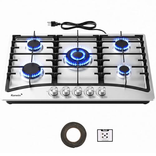 Image of Ranein 34 Inch 5 Burner Gas Cooktop, NG /LPG Convertible Gas Stove Top, 304 Stainless Steel with Thermocouple Flameout Protection for Kitchens, Apartments, RVs