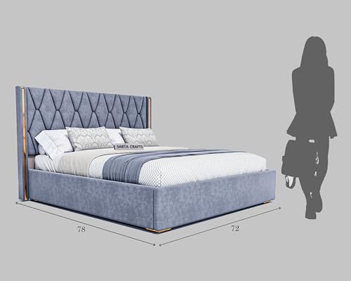 Image of Acacia Modern Upholstered King Size Bed with Hydraulic Storage for Bedroom | Wooden Furniture Double Beds for Home & Hotels | Platform Cot Bed with Upholstery Fabric, 6.5 x 6 Ft, Sheesham Wood, Grey