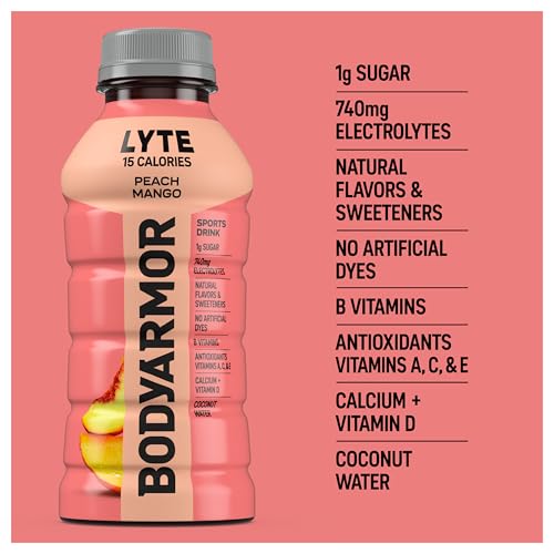 BODYARMOR LYTE, Peach Mango, Electrolyte Drink, 15 Calories, 12 Fl Oz Bottles (8 Pack), Coconut Water Sports Drink, Natural Flavor & B Vitamins