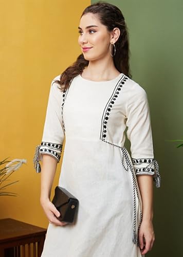 Image of TRENDMALLS Women's Cotton Embroidery Kurti 3 /4 Sleeve Calf Length Stright Kurti for Women