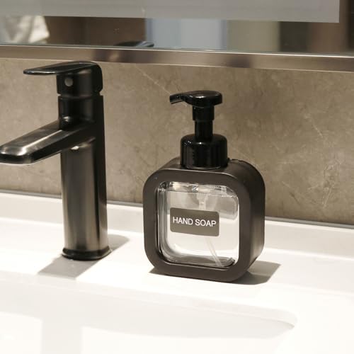Image of Foaming Soap Dispenser, 300ml (10oz) Plastic Refillable Foaming Hand Soap Dispenser with 8 Pcs Waterproof Labels, Foam Pump Bottle for Bathroom and Kitchen (Black)