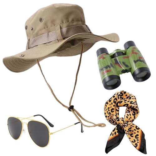 MmotZsb Safari Hut Damen Safari Kleidung Damen Dschungel Kostüm Tropenhelm Safari Kleidung Tropenhut Sonnenhut 4-teiliges Set mit Tarnmuster 6x30 Fernglas Sonnenbrillen Outdoor-Kappe