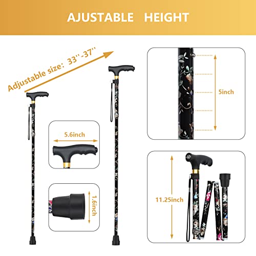 Junra Cane For Women With Led Light, Walking Cane For Women And Men, Walking Sticks For Women And Seniors, Folding And Collapsible Cane, Walking Canes For Senior Women For Balance(Black Flowers) #TOP1