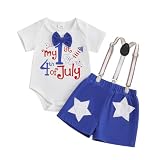 TUSFTAY Baby Boy 4th of July Outfit Short Sleeve Letter Bowtie Romper and Suspender Shorts Gentleman Clothes 0-18 Months (Blue, 6-9 Months)