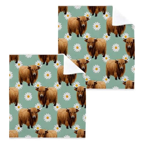 ALAZA Wash Cloth Set 100% Cotton Fingertip Towels Face Cloths Sets Cow Bison Daisy Flowers Highly Absorbent Soft Feel Set of 2