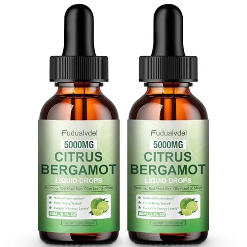 2 Packs 5000mg Citrus Bergamot Liquid Drops Reduce Triglycerides Bergamot Supplement for High Cholesterol Immune Support for Anti Aging Antioxidant Lime Bitter Natural Olive Leaf Extract 4 Fl Oz