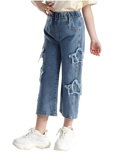 Girls Loose Fit Pants Kids Casual Elastic Waist Ripped Wide Leg Jeans Denim Pants with Pockets2