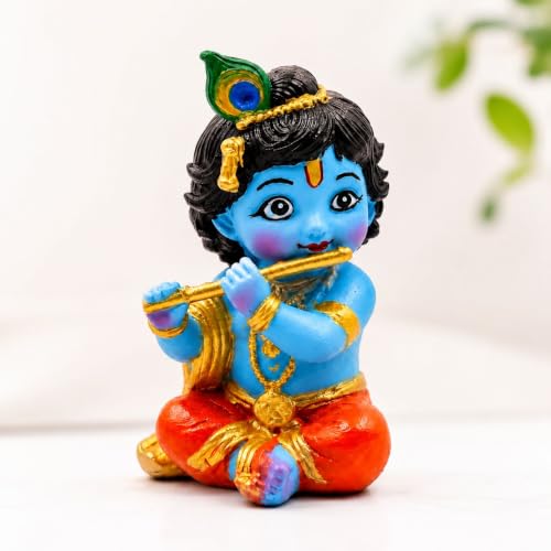 Image of Little Krishna Idol for Car Dashboard | Bal Gopal Laddu Gopal Murti | Cute Baby Krishna Statue for Home Temple, Office Desk & Pooja Room Decor | Resin Showpiece | Janmashtami Gift