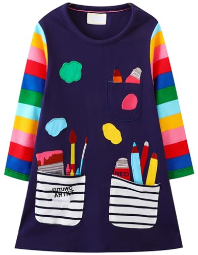 Kleid Mädchen Langarm Baumwolle Jersey A-Linie Freizeitkleidn Einhorn...