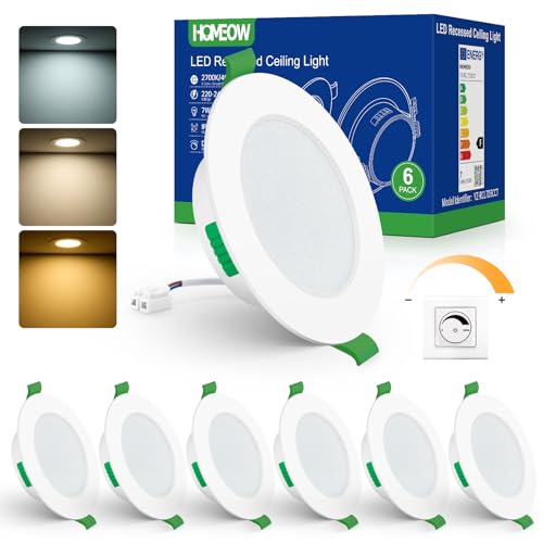 HOMEOW Spot LED Encastrable Dimmable 7W, 220V Spots de Plafond Extra Plat, Spot Salle de Bain IP44, Reglable Blanc Chaud 2700K Blanc Neutre 4000K Blanc Froid 6000K, Trou...