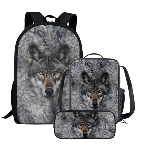 AmzPrint 3 In 1 Animal Print Wolf Bookbag And Lunch Box Set For Girls Student Middle School Back To School Backpack Set Gift3