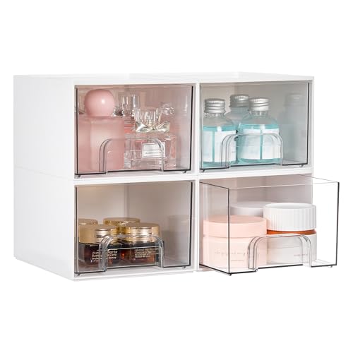 Vtopmart 4Pack Small Stackable Storage Drawers, Bathroom Makeup Organizer,Plastic Storage Bins For Vanity, Undersink, Kitchen Cabinets, Pantry, Home Organization(White)
