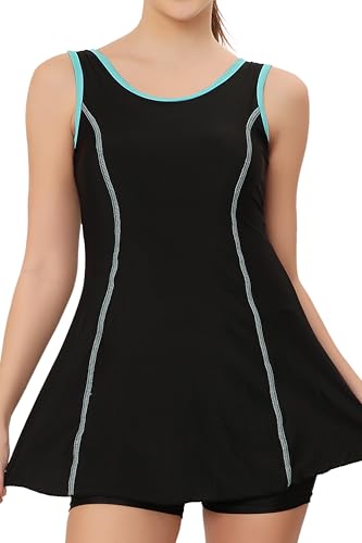 Image of BOSKY Women Frock Style One Piece Swimming Costume Stretchable Swimwear Ladies Swimsuit Flexible Fit Sleeveless Swim Dress Suit Set