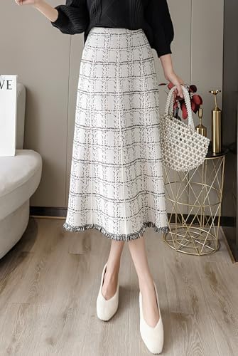 chouyatou Women's Elegant Plaid Tassels Fringe Tweed Skirt Knit Elastic High Waist A Line Midi Skirt2