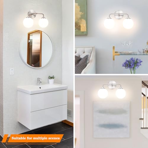 Image of Modern Brushed Nickel 2-Lights Bathroom Vanity Lights, Bathroom Lighting Fixtures Over Mirror with Milk White Globe Glass Shade, Elagant Wall Sconces for Dressing Table Bedroom Living Room