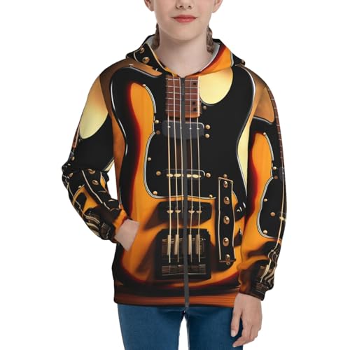 Small Instrumental Guitar Print Girls Athletic Zip Up Hoodies,Sweatshirts with Pockets Long Sleeve Hooded Jackets, for 7-18 Y Black2