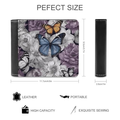 Men's Leather Wallet Bifold Wallet for Men Purple Butterflies Floral Slim Wallet with Multiple Card Classic Passcase Mens Card Holder2