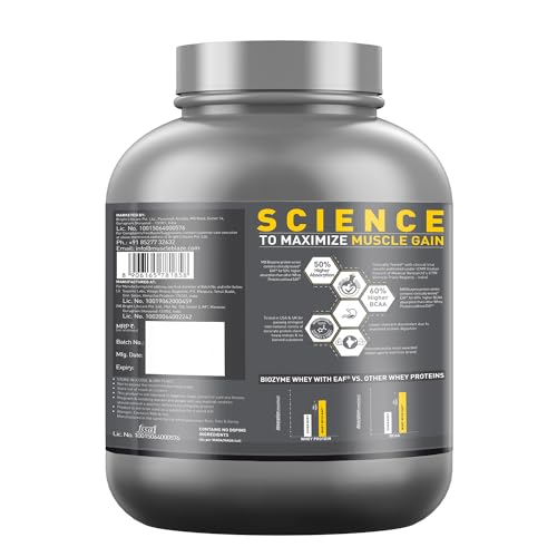 Image of MuscleBlaze Biozyme Performance Whey Protein Powder, Butter Cookie (2kg / 4.4lbs) & Micronised Creatine Monohydrate CreAMP Powder, Unflavoured (32 Servings, 100g)| Pack of 2