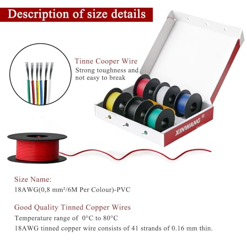 18 Gauge Electrical Wire,18 awg Wire-XINWANG 18 Gauge Stranded Tinned Copper Wire with PVC Insulation(OD:2.0 mm) 6 Colors,20ft Each, Hook Up Wire Kit
