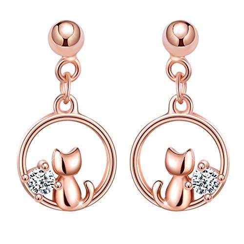 Unendlich U-Pendientes Gato para Mujer, Plata de Ley 925 con Brillante Circonita, Oro Rosa