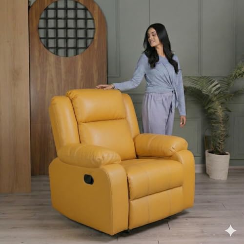 Image of Solis Royale 1 Seater Recliner Sofa Chair | Manual Recliner Lounge Sofa Chairs for Relaxing | Comfortable Cushioned | Living Room Bedroom Home, Office (Classy Calm - Yellow, Classy Calm - Leatherette)