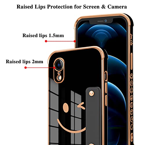 Compatible with iPhone XR Case with Smiley Face Pattern,Soft TPU Cute Plating Wristband Holder Case Camera Lens Protection Side Small Pattern Shockproof Wrist Strap Case Women Girls-Black
