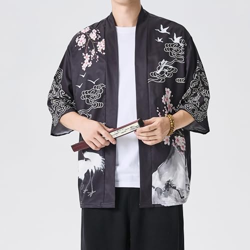 Image of PRIJOUHE Men's Lightweight Kimono Jacket Seven Sleeve Open Front Cardigan Coat Japanese Style Bathrobe
