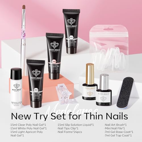 Image of Modelones Poly Gel Nail Kit 3 Colors Clear White Apricot with Slip Solution Dual Nail Forms Top Base Coat Extension Builder Gel Polygel Toenail Kit DIY Nail Art Salon Use