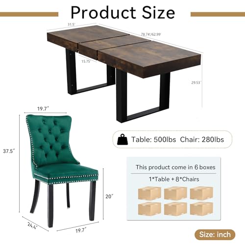 Image of Rustic Brown Dining Room Table Set for 8, 9-Piece 63 inch-78.74 inch Extendable Dining Table Set with 8 Upholstered Chairs, Rectangle Wooden Expanding Kitchen Table and Green Chairs Set