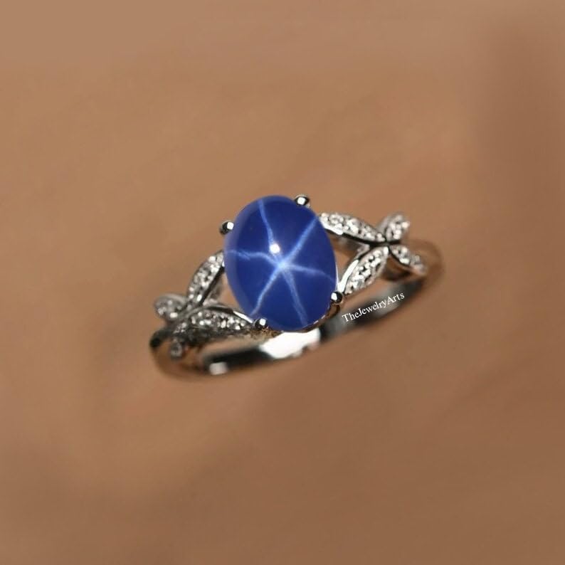 Blue Star Sapphire Ring – 6 Ray Star Ring for Women – 925 Sterling Silver Sapphire Engagement Ring – Vintage Style Jewelry Gift