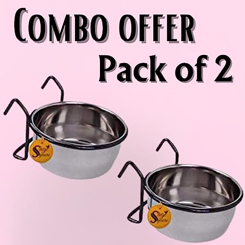 Image of Sage Square Rustproof Stainless Steel Cage Food, Seed, Water Feeder Cum Bowl with Holder clamp for Birds (250ml) (Pack of 2)