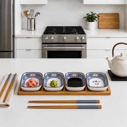 Image of Japanese Ceramic Dip Bowl Set of 6 | 200ml Small Square Sauce Bowls for Soy Sauce, Chutney, Snacks & Sushi Sides | Premium Stackable Dishwasher Safe Serving Bowls (Indigo Ray)