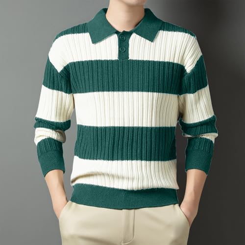 Men's Striped Knit Sweater Long Sleeve Pullover Collar Winter Casual Ribbed Thick Knitwear Top Classic Soft Outfit2
