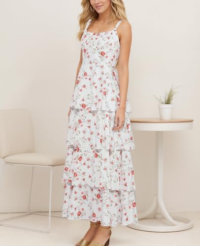 Image of Tiered Ruffle Dress Women Casual Summer Spaghetti Strap Sleeveless Floral Layered Maxi Dress for Women Beach Sundress