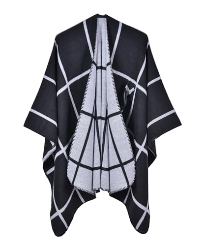 Image of Favorland Women's Plaid Fall Winter Blanket Wrap Poncho Cape Open Front Cardigan Shawls