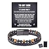 ziella The Guardian Son's Bracelet With Protection Tiger Eye,To My Son Bracelet From Mom,Black Leath Beaded For Son Jewelry Gift (Black Card, 8.3inch)