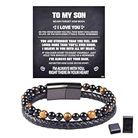 ziella The Guardian Son's Bracelet With Protection Tiger Eye,To My Son Bracelet From Mom,Black Leath Beaded For Son Jewelry Gift (Black Card, 8.3inch)