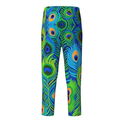 Pajama Pants Pajama Bottoms with Elastic Waistband Sleepwear Lounge PantsGreen Peacock Feathers2