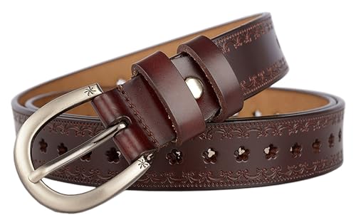 Women Vintage Floral-Carved Genuine-Leather-Belt Western-Country Cowgirl Belt with Metal Pin Buckle for Jeans Pants3